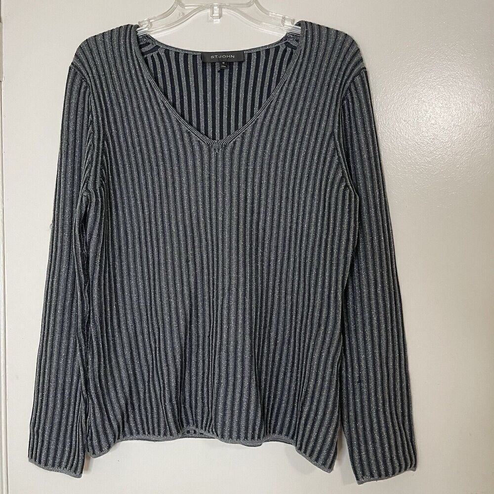 ST. JOHN midnight blue long sleeve silver shimmer stripe knit top size medium